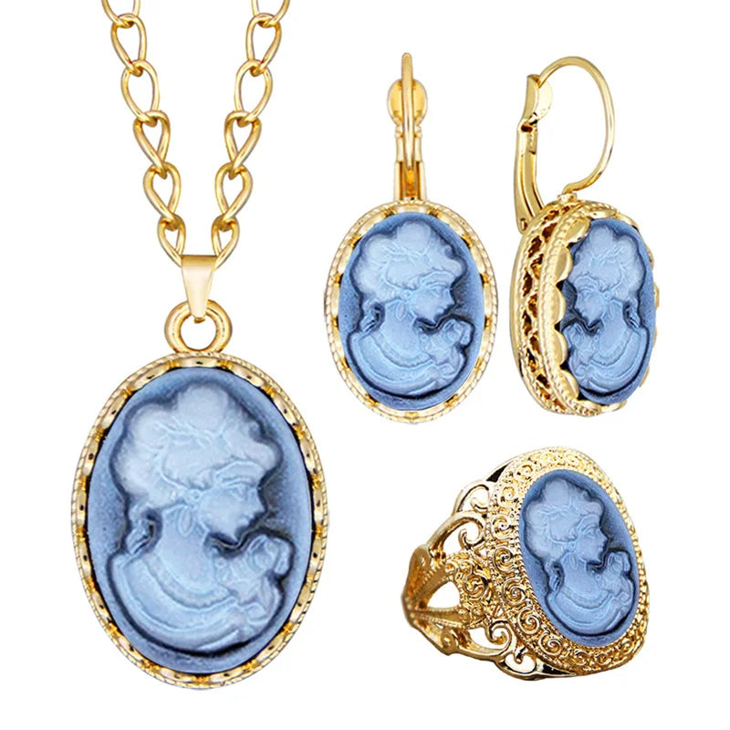 Cameo Jewelry Set | Necklace, Earrings & Ring | 6 Colors