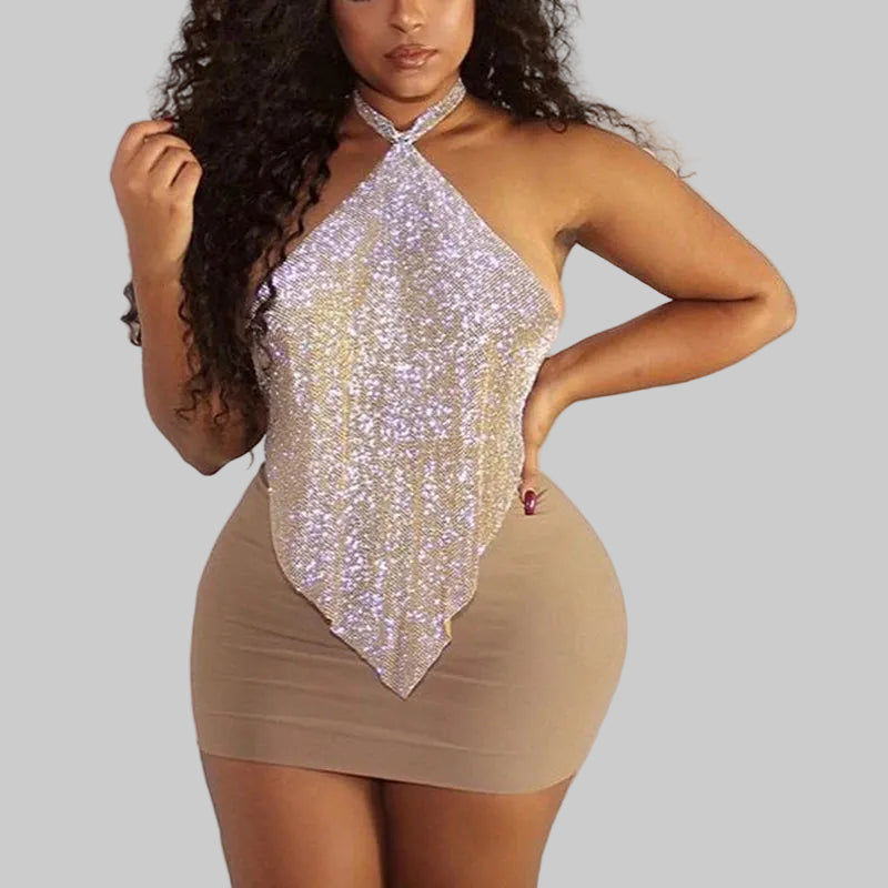 Crystal Rhinestone Halter Mesh Crop Top