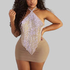 Crystal Rhinestone Halter Mesh Crop Top