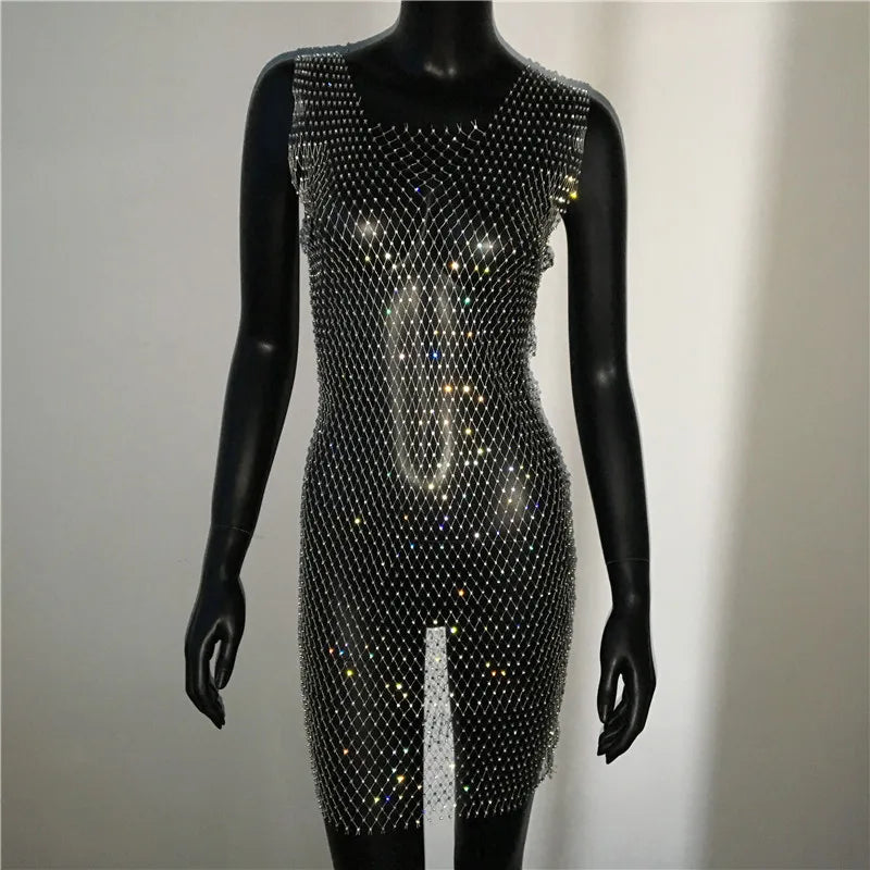 Rhinestone Fishnet Grid Mini Dress
