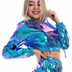 Holographic Crop Hoodie | Metallic Shiny | Drawstring