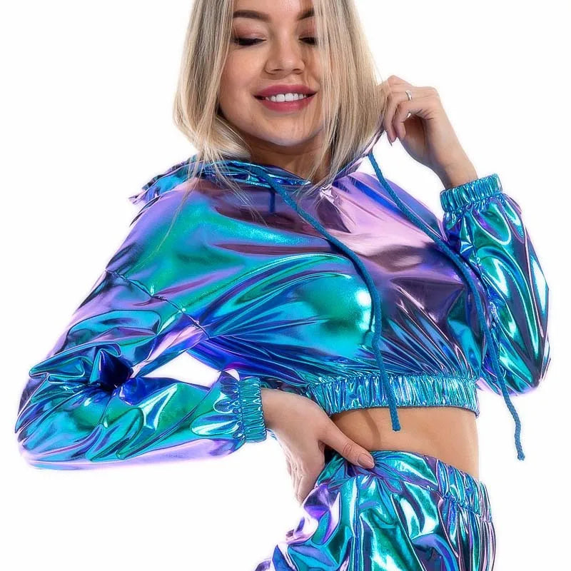 Holographic Crop Hoodie | Metallic Shiny | Drawstring