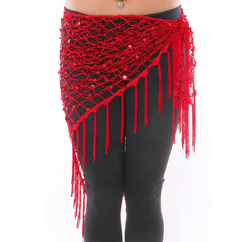 Sequin Belly Dance Hip Scarf - Shimmering Crochet Tassel Belt for Performance