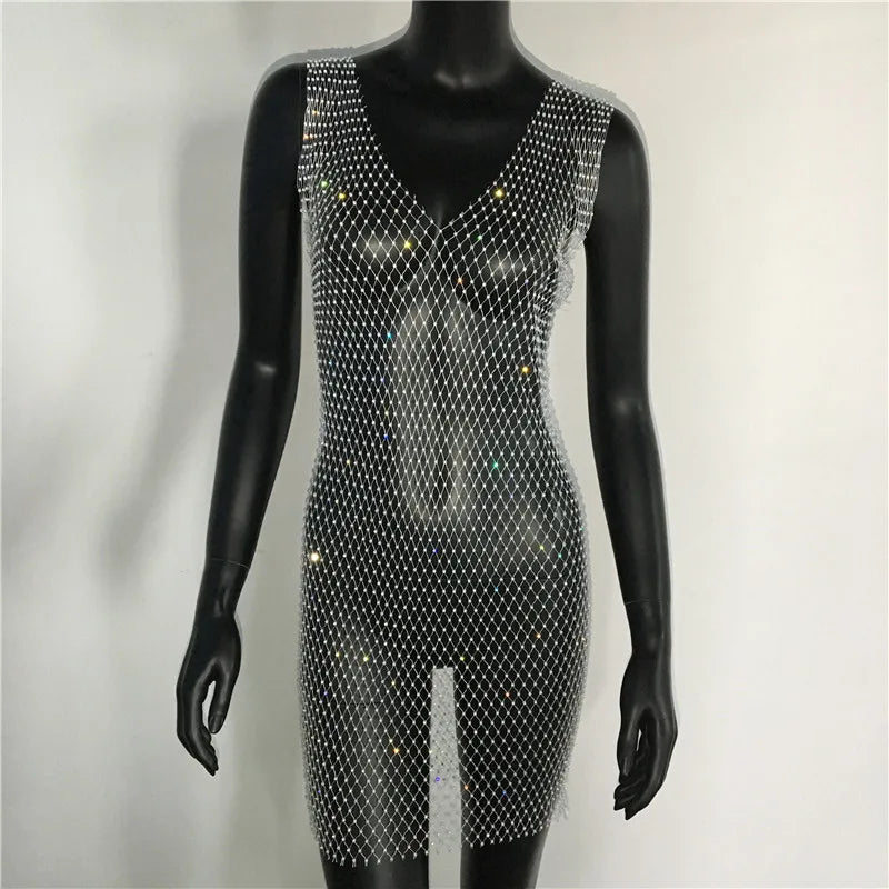 Crystal Fishnet Mini Dress - Rhinestone Mesh Party Dress