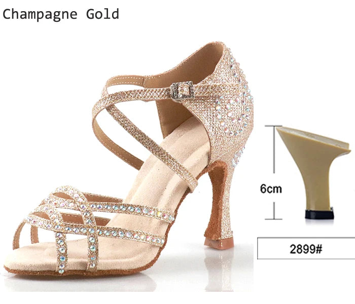 Women's Latin Dance Shoes | Satin Rhinestone | Multi Heel