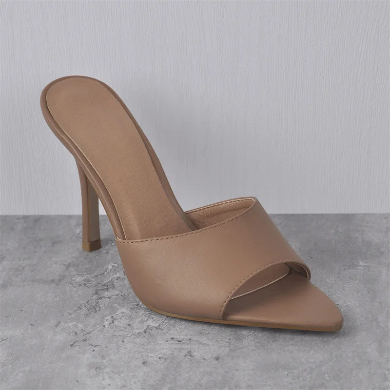 Pointed Peep-Toe Mule Heels | Slip-On | Blue & Brown