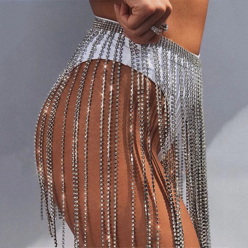 Rhinestone Tassel Fringe Skirt - Crystal Diamond Beach Cover-Up Mini Skirt
