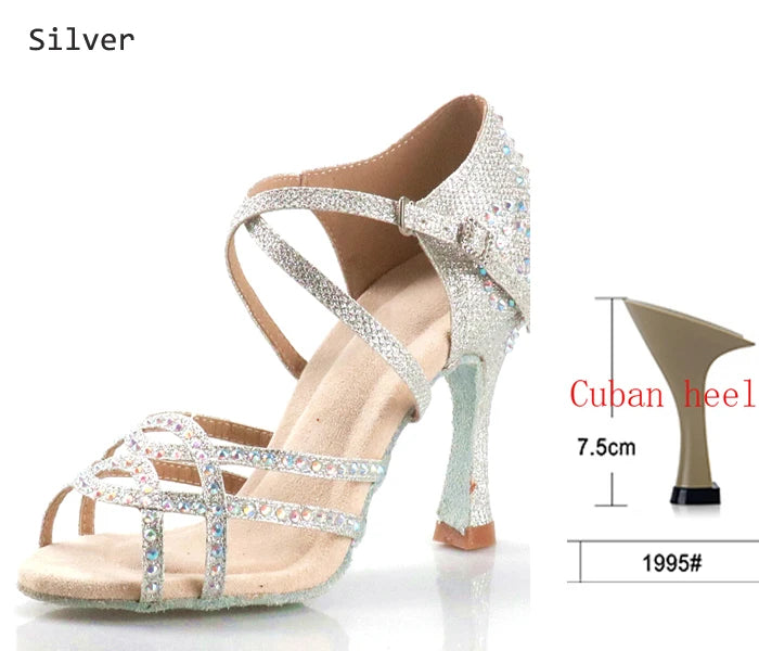 Women's Latin Dance Shoes | Satin Rhinestone | Multi Heel