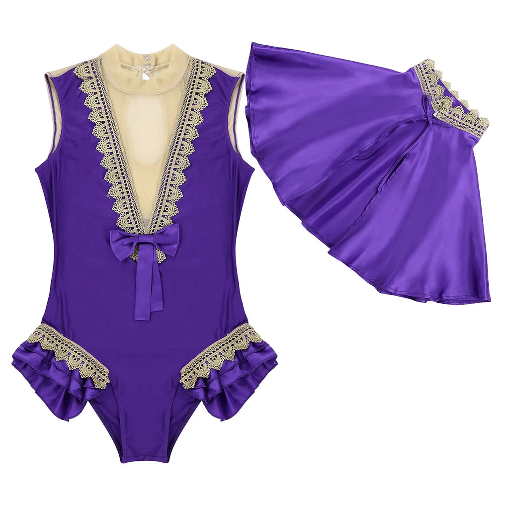 Satin Flutter Cape Bodysuit Set | Lace Trim Keyhole | Open Back | Stage Costume
