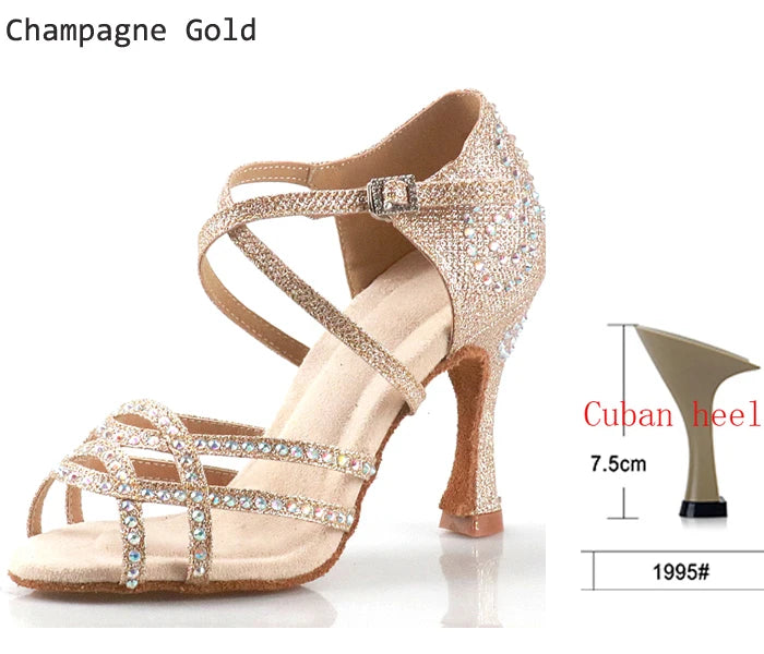 Women's Latin Dance Shoes | Satin Rhinestone | Multi Heel
