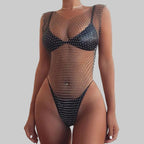 Rhinestone Fishnet Swimsuit Cover-Up - V-Neck See-Through Bodysuit