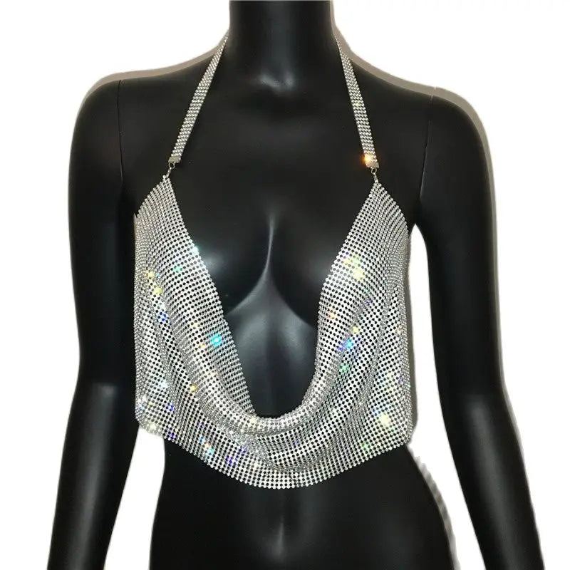 Rhinestone Crystal Deep V Crop Top - Sheer Backless Adjustable Tank