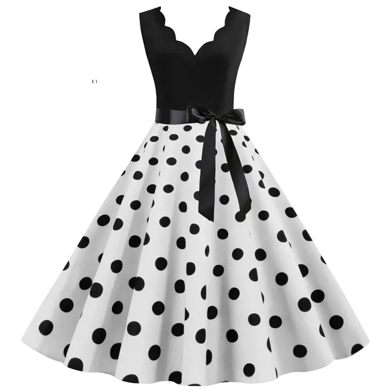 1950s Polka Dot Swing Dress | V-Neck | Bow Sash | 15 Colors