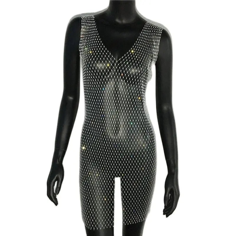 Crystal Fishnet Mini Dress - Rhinestone Mesh Party Dress