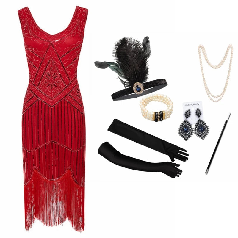1920s Gatsby Flapper Dress & Accessory Set | Sequin Fringe | Plus Size XS–4XL