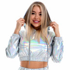 Holographic Crop Hoodie | Metallic Shiny | Drawstring