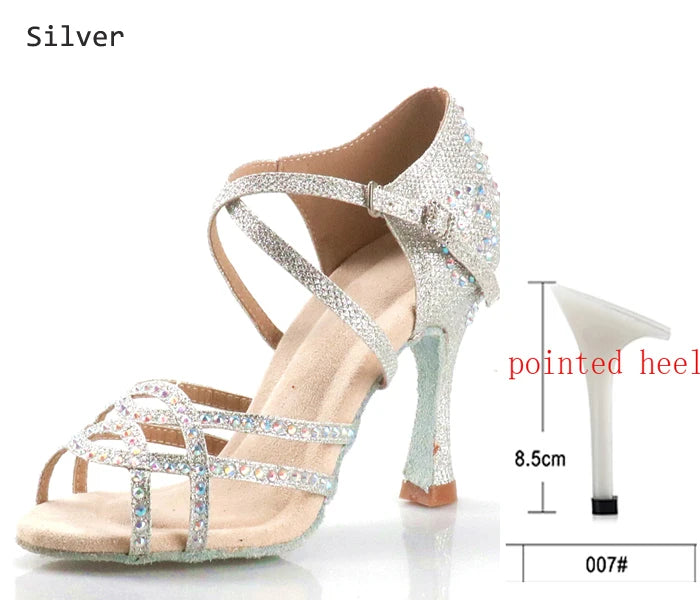 Women's Latin Dance Shoes | Satin Rhinestone | Multi Heel