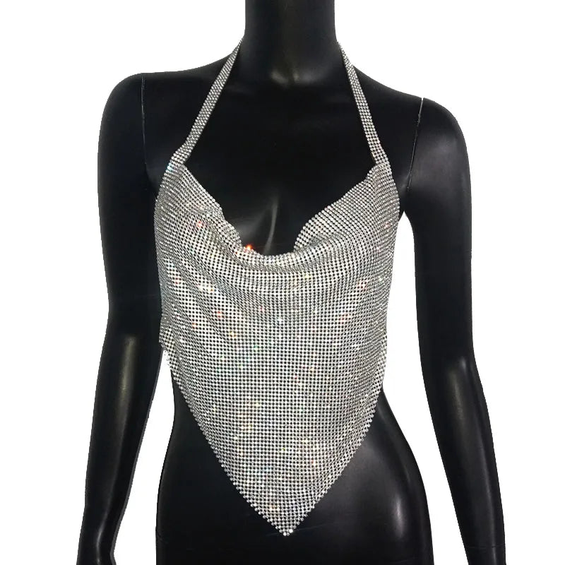 Rhinestone Backless Camisole Crop Top - Deep V-Neck Glitter Tank