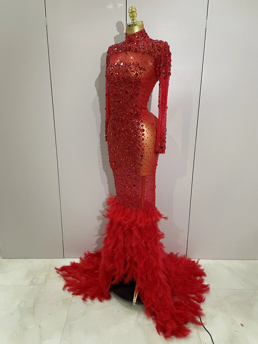 Crystal Feather Mermaid Gown | Long Sleeve | S–XL
