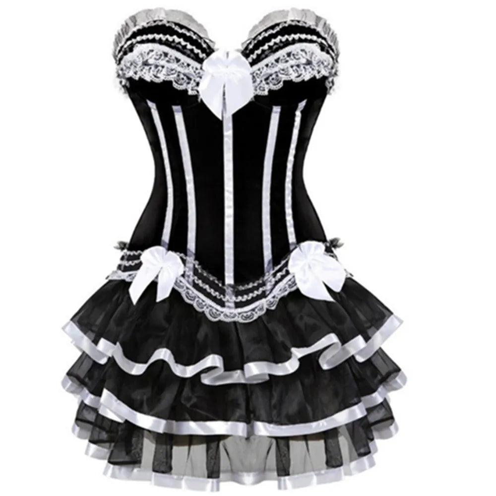 Striped Brocade Overbust Corset Dress | Tiered Ruffle Skirt | Burlesque & Cabaret | S–6XL