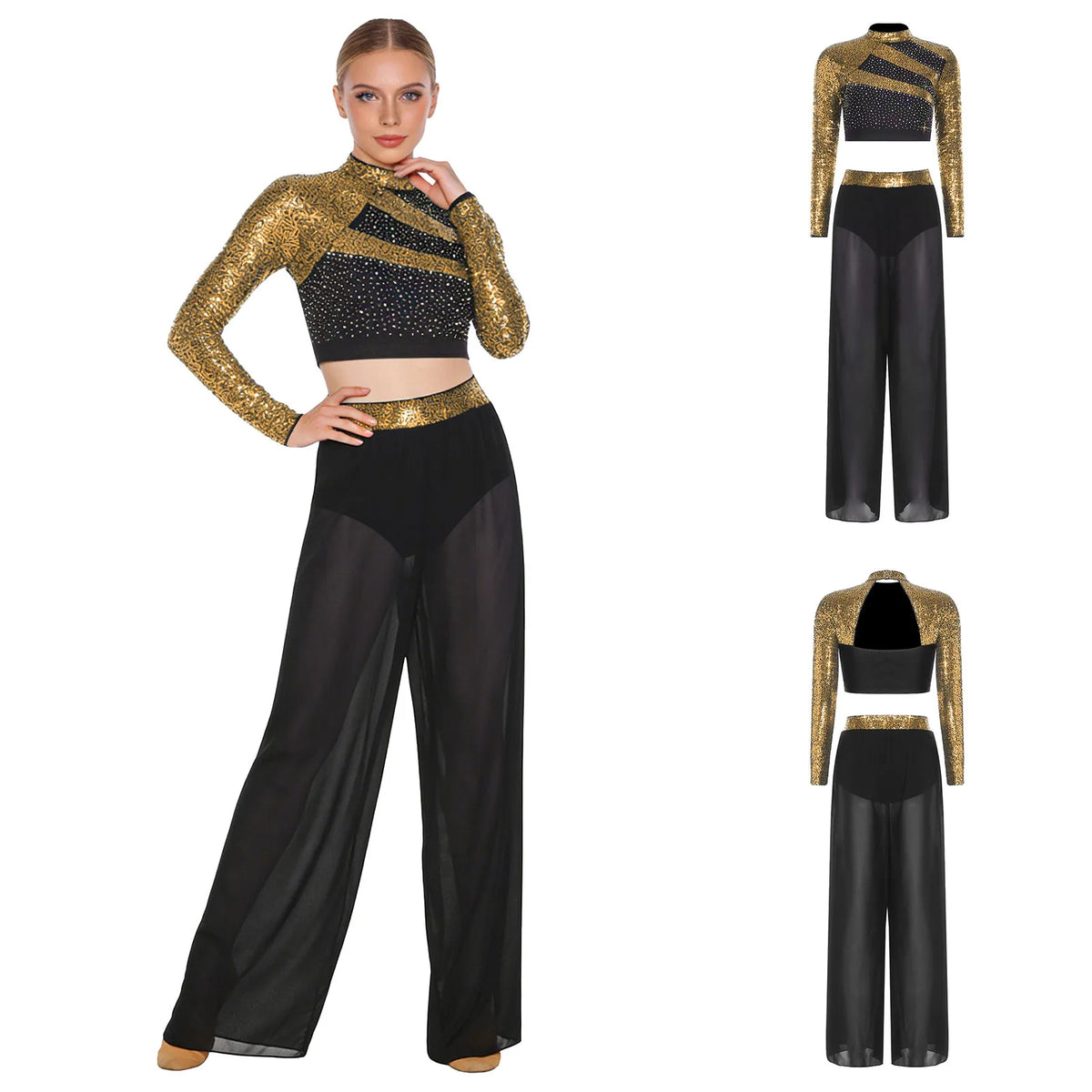 Rhinestone Crop Top & Sheer Pants Set | Lyrical Dance | Built-In Brief