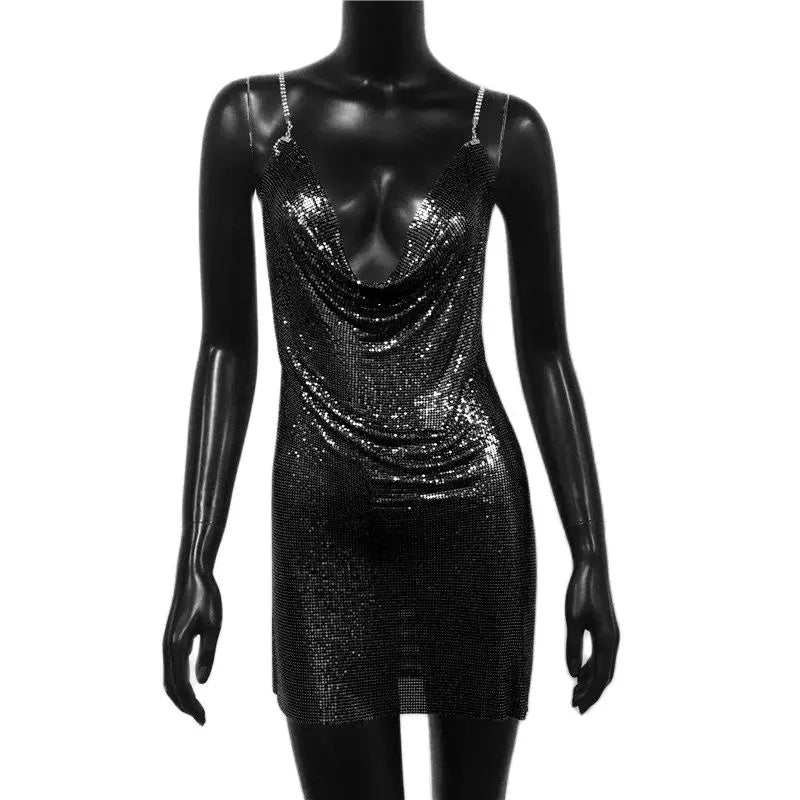 Metal Sequin Chain Mini Dress - Backless Party & Performance Dress