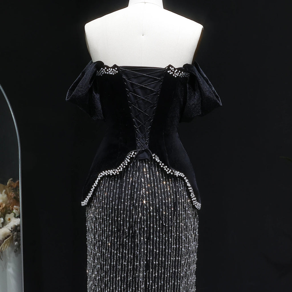 Black Beaded Crystal Gown | Off-Shoulder Slit | Fringe Detail