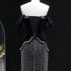 Black Beaded Crystal Gown | Off-Shoulder Slit | Fringe Detail