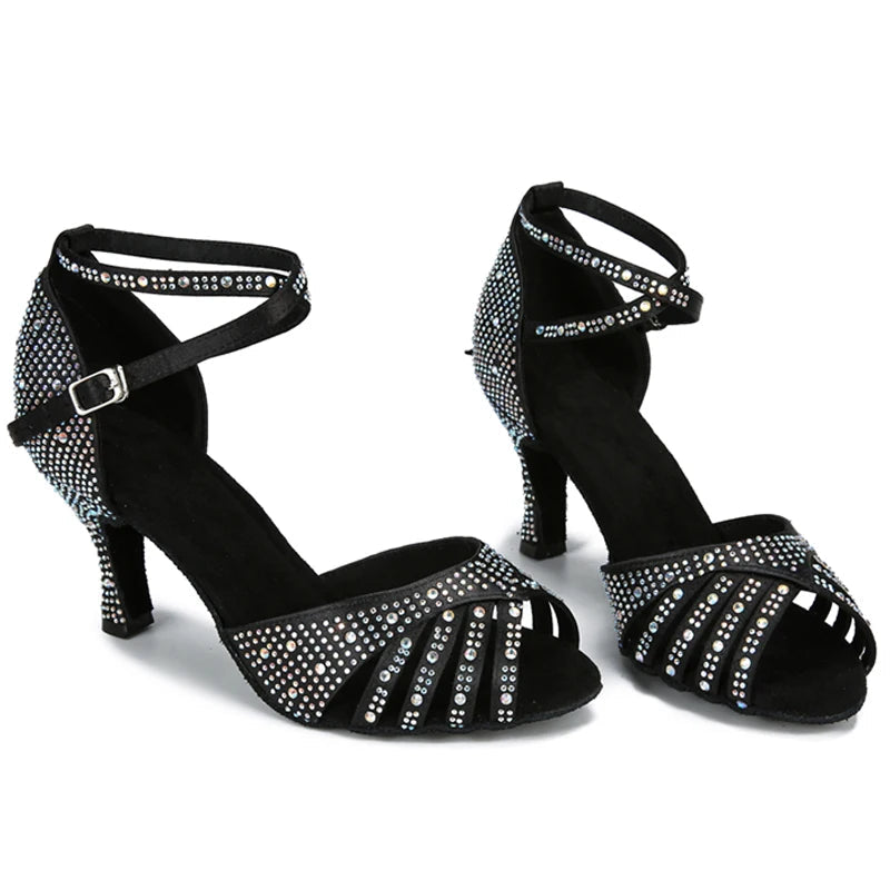 Rhinestone Latin Dance Sandal | Satin | 7.5cm Cuban Heel
