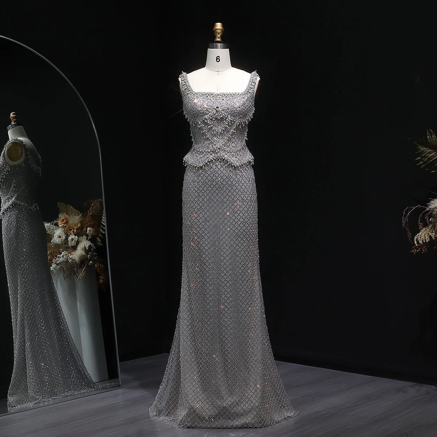Crystal Beaded Column Pageant Gown | Square Neck | Champagne, Gray & Wine Red