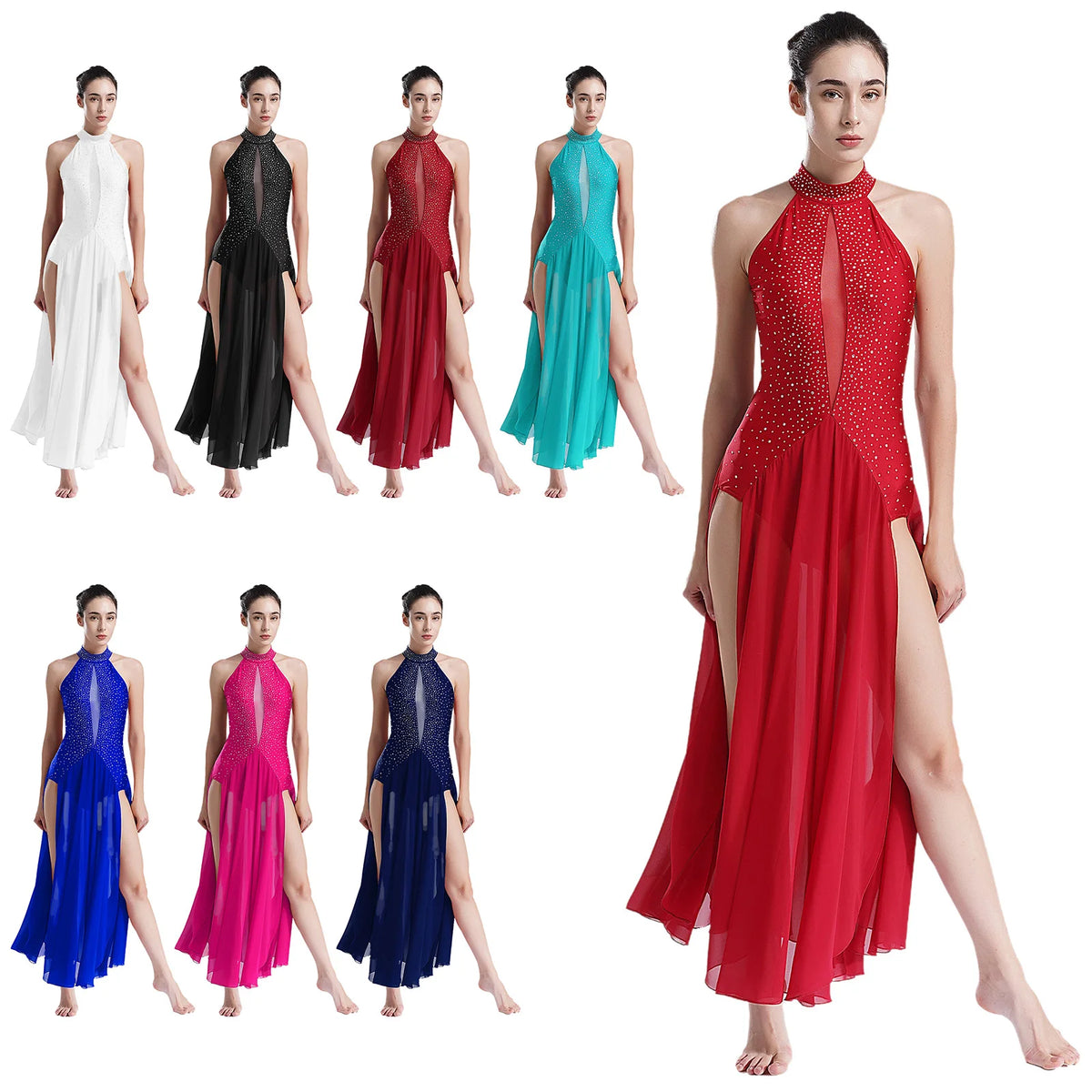 Women's Lyrical Dance Dress | Rhinestone Halter | Strappy Back | 8 Colors
