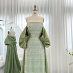Sage Green & Champagne Beaded Mermaid Pageant Gown | Cape | Short Sleeve
