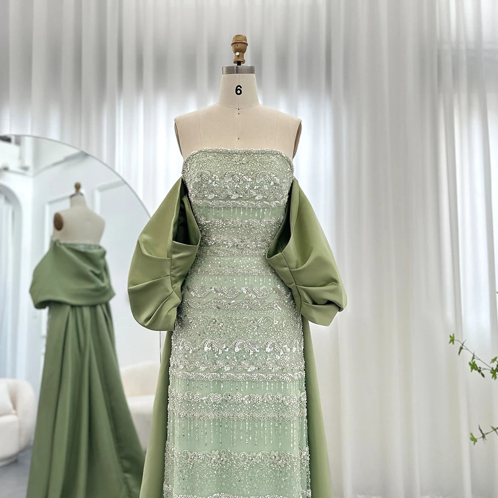 Sage Green & Champagne Beaded Mermaid Pageant Gown | Cape | Short Sleeve