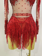 Rhinestone Bodysuit | Red Sequin Fringe