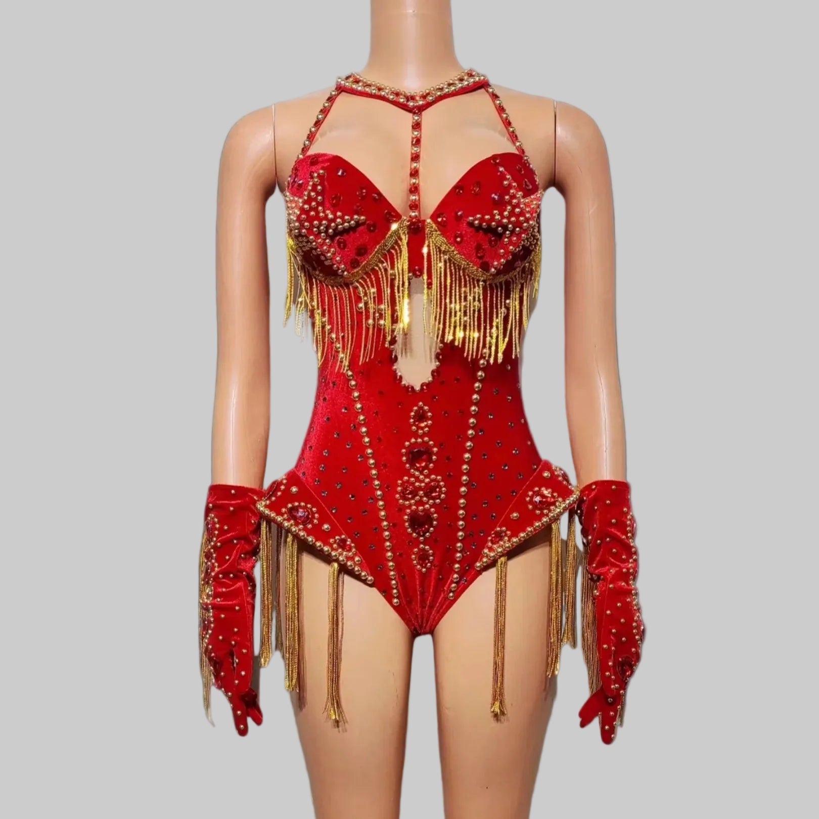Rhinestone Bodysuit 4-Piece Set - Sparkly Showgirl Outfit with Flare Pants & Crystals