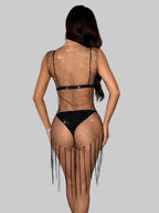 Rhinestone Fishnet Tassel Mini Dress - Sheer Festival Cover-Up