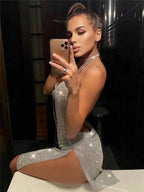Rhinestone Mini Dress - Sheer Sequin Bodycon Dress with Asymmetric Neckline