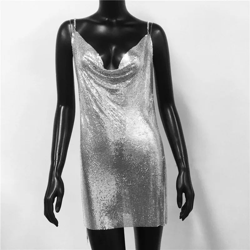 Metal Sequin Chain Mini Dress - Backless Party & Performance Dress