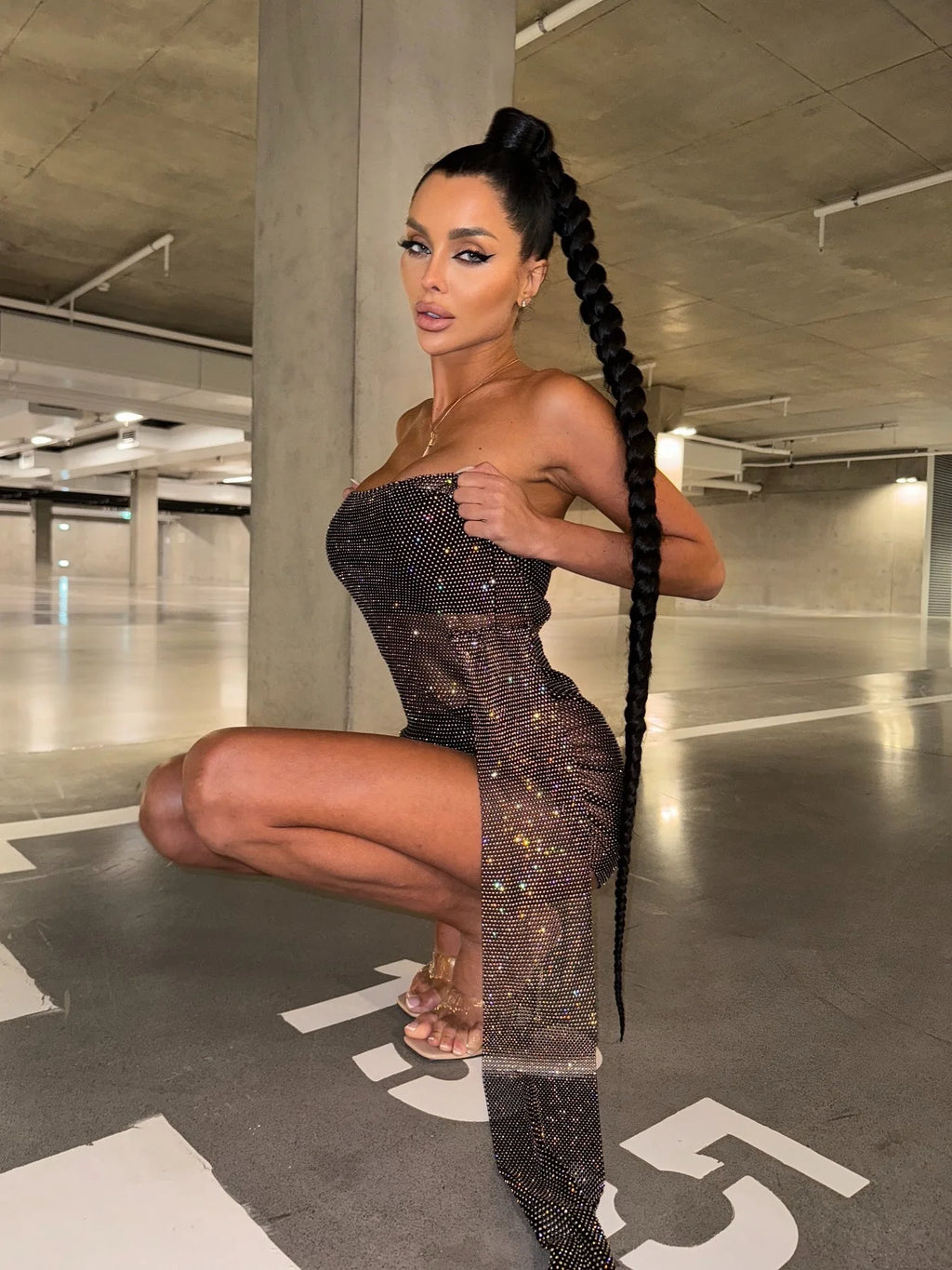 Glitter Rhinestone Mesh Mini Dress