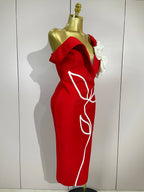 Off-Shoulder Bandage Midi Dress | 3D Rose Appliqué | Red & Black