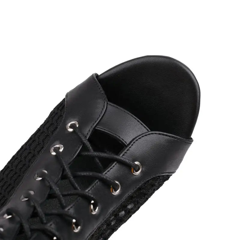 Peep-Toe Mesh Stiletto Ankle Boots — 9.5 cm Heel Extended Sizing