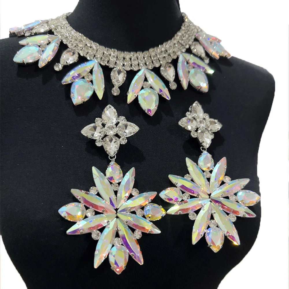 Rhinestone Necklace & Earring Set | Fuchsia, AB Silver | Stage & Bridal