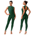Sleeveless Rhinestone Unitard | Mesh Keyhole Back