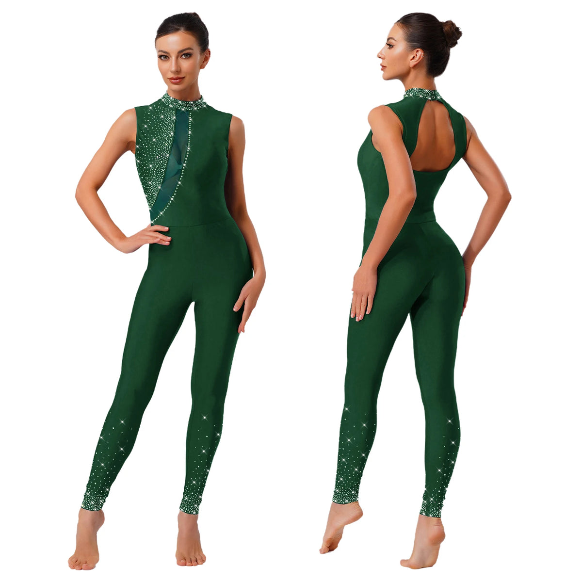 Sleeveless Rhinestone Unitard | Mesh Keyhole Back