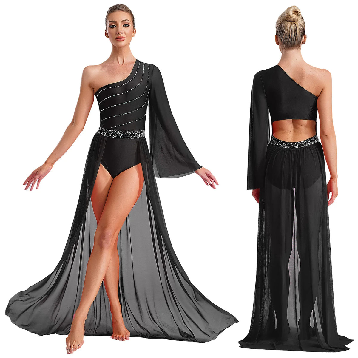 Women's Rhinestone One-Shoulder Lyrical Dance Dress | Flared Sleeve & Open-Front Mesh Maxi Skirt