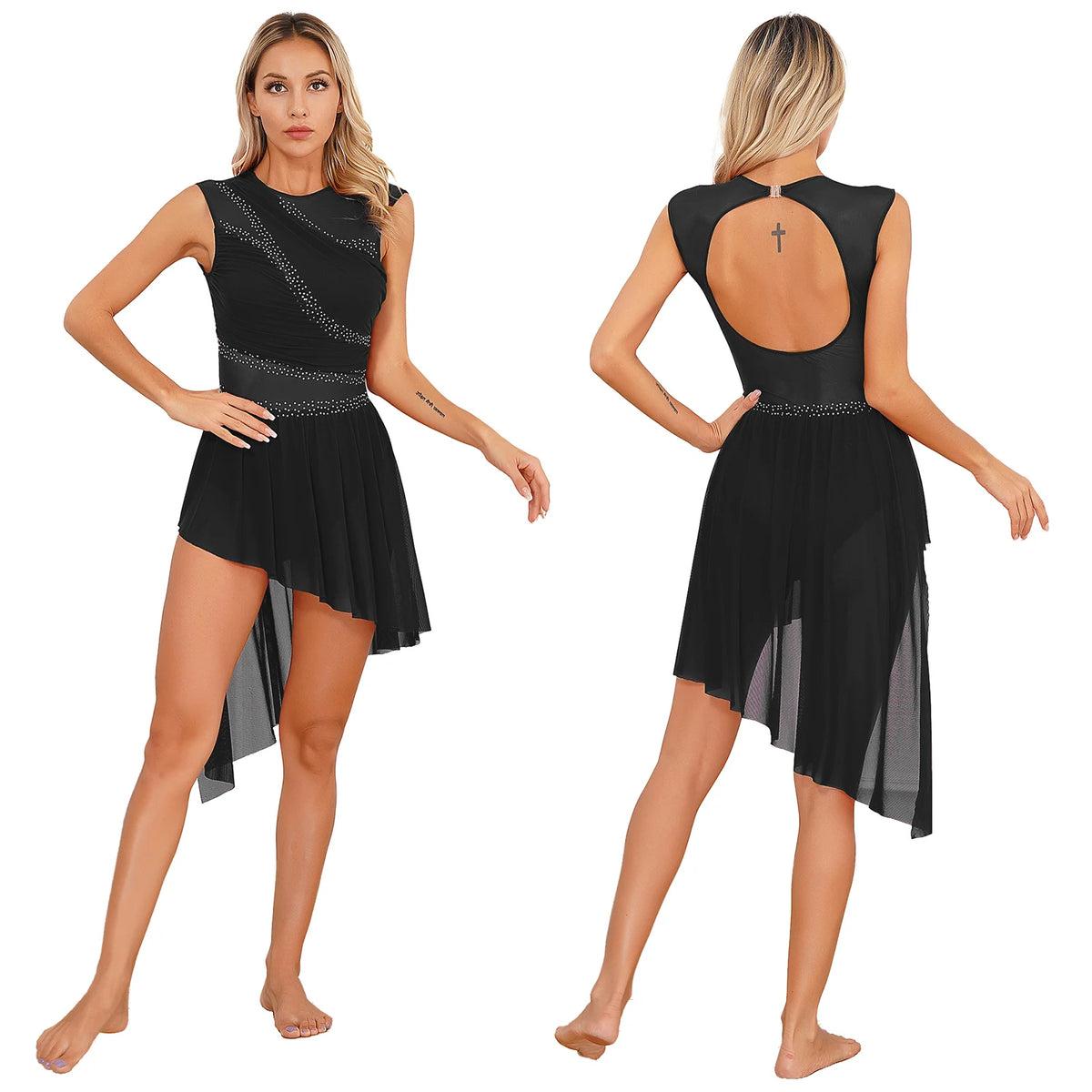 Dance Leotard Dress | Rhinestone Mesh Overlay