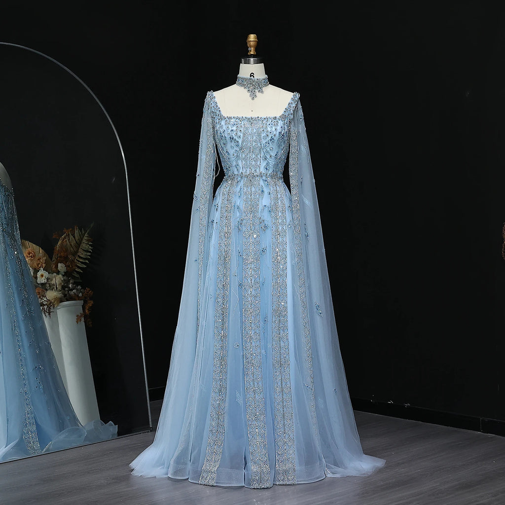 Crystal A-Line Gown | Cape Sleeves | Square Neck | Choker