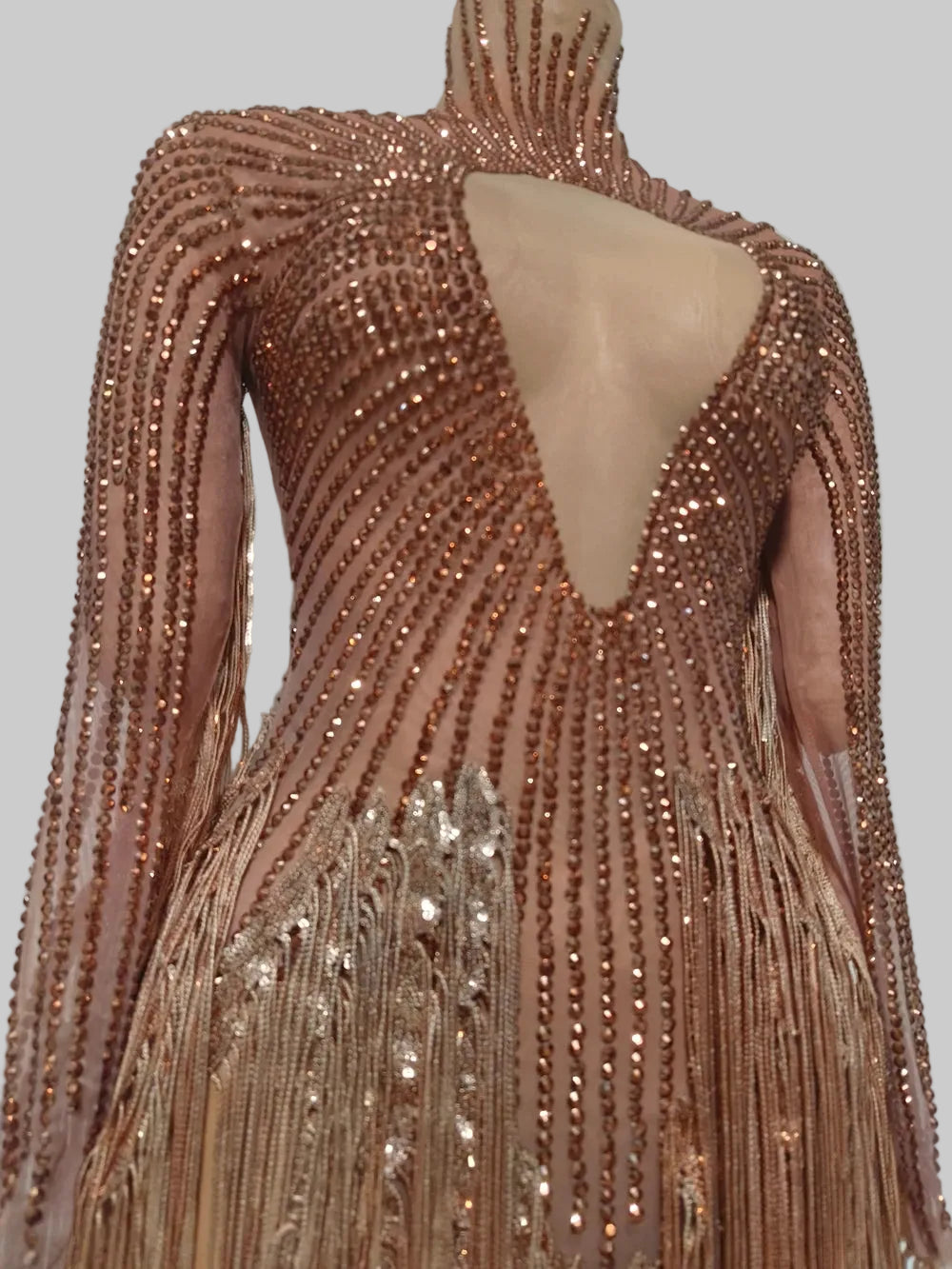 Gold Rhinestone Tassel Dress - Sheer Mesh Performance Costume for Dancers & Celebrations