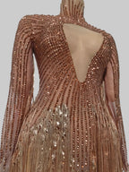 Gold Rhinestone Tassel Dress - Sheer Mesh Performance Costume for Dancers & Celebrations