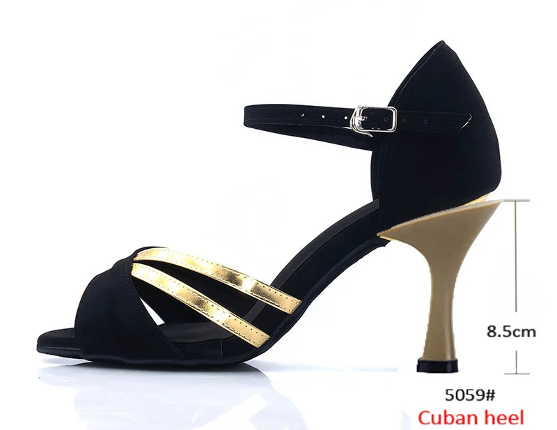 Latin Dance Heels | Black Velvet & Gold | Cuban Heel